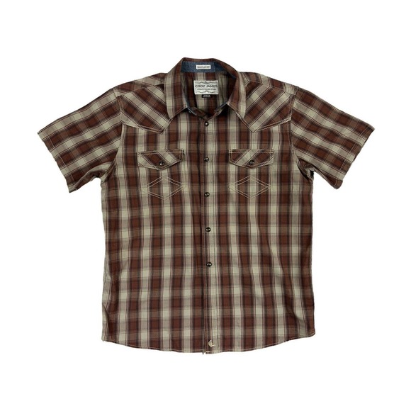 Cody James Authentic Western Apparel Brown Plaid Short Sleeve Pearl Snap Sz M - Picture 1 of 7